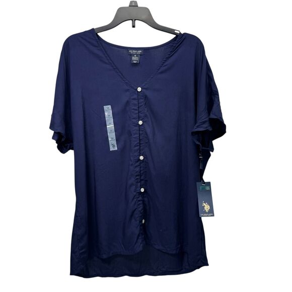U.S. POLO ASSN. Women Short Sleeve Button Front Navy Blue Blouse V-Neck Medium - Picture 1 of 8